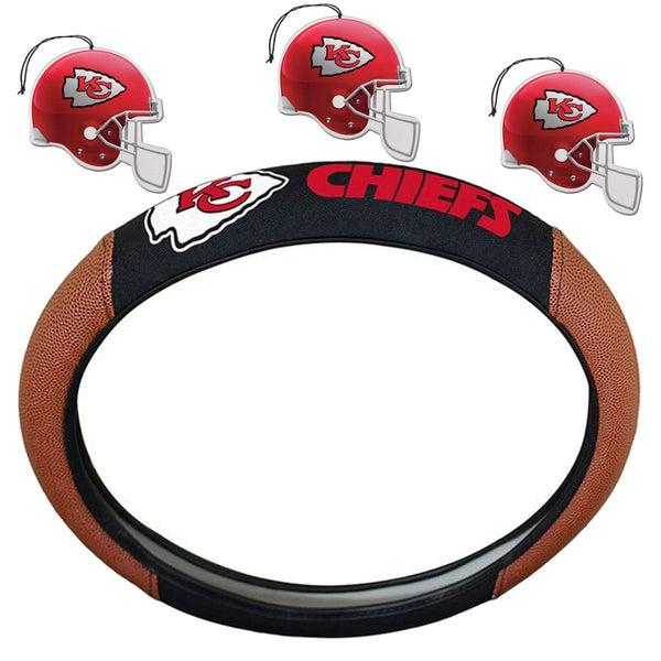 NFL Fan Shop Auto Bundle. Premium Pigskin Leather Accented Steering Wheel Cover with Embroidered Team Name and Logo Along with a 3-Pack of Team Helmet Air Fresheners (Kansas City Chiefs)