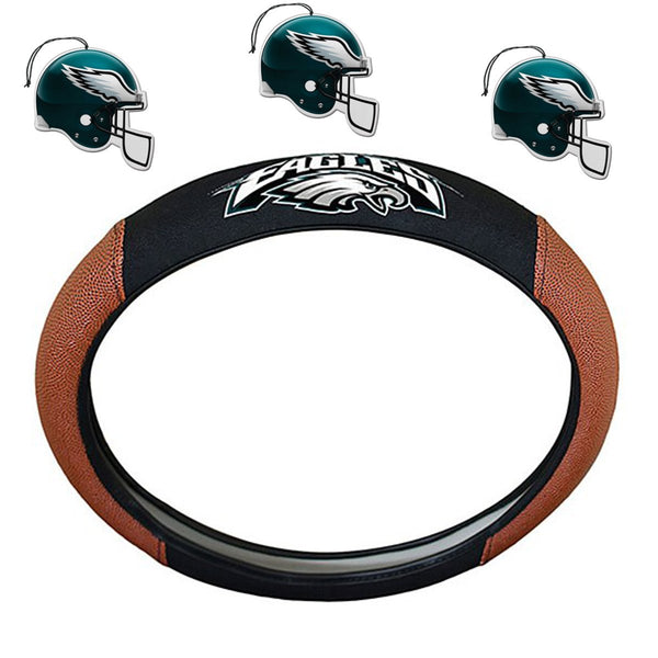 NFL Fan Shop Auto Bundle. Premium Pigskin Leather Accented Steering Wheel Cover with Embroidered Team Name and Logo along with a 3-Pack of Team Helmet Air Fresheners